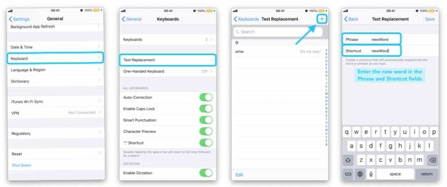 Vier iPhone-Screenshots, die zum Bildschirm „Textersetzung“ navigieren