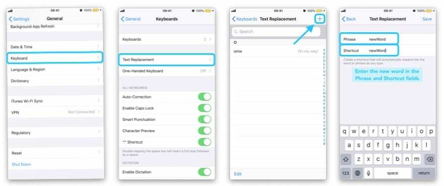 Quatre captures d'écran de l'iPhone naviguant vers l'écran de remplacement de texte
