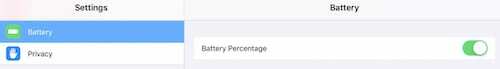 Alternativ för batteriprocent i iPad-inställningar.