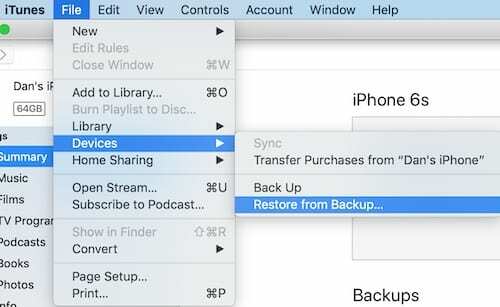 Vraćanje iz sigurnosne kopije opcije u iTunes izbornicima.