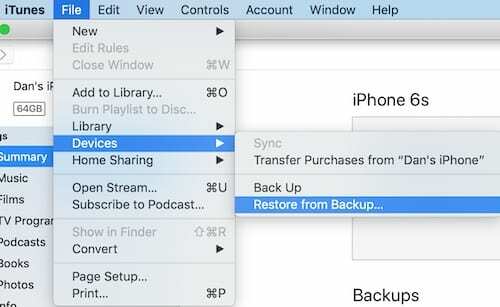 Palauta varmuuskopiosta -vaihtoehto iTunesin valikoissa.