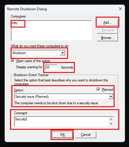 Dialogrutan för fjärravstängning