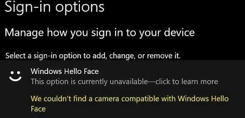 لم نستطع إيجاد كاميرا متوافقة مع windows-hello-face-error