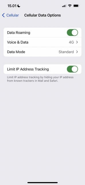 snímek obrazovky zobrazující zapnutý přepínač datového roamingu