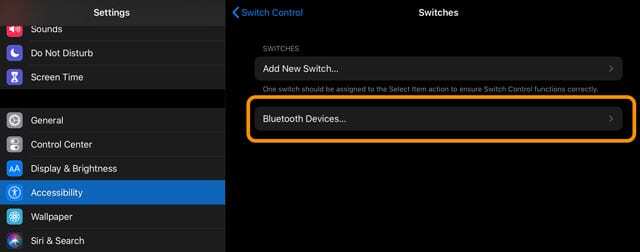 bluetooth-laitteet kytkimen ohjaamisen esteettömyysasetuksissa iPadOS