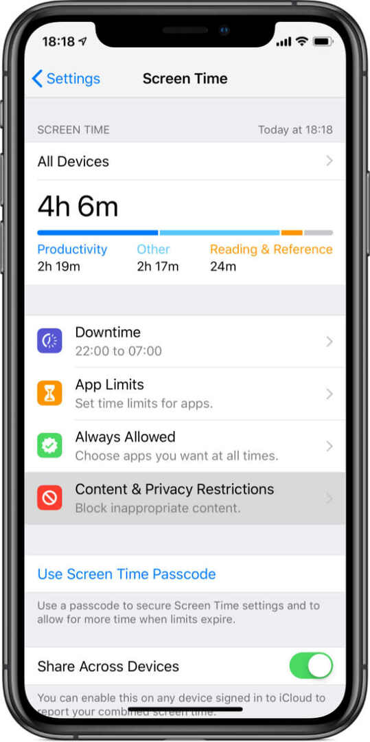iPhone X स्क्रीन टाइम सामग्री और गोपनीयता प्रतिबंध सेटिंग्स