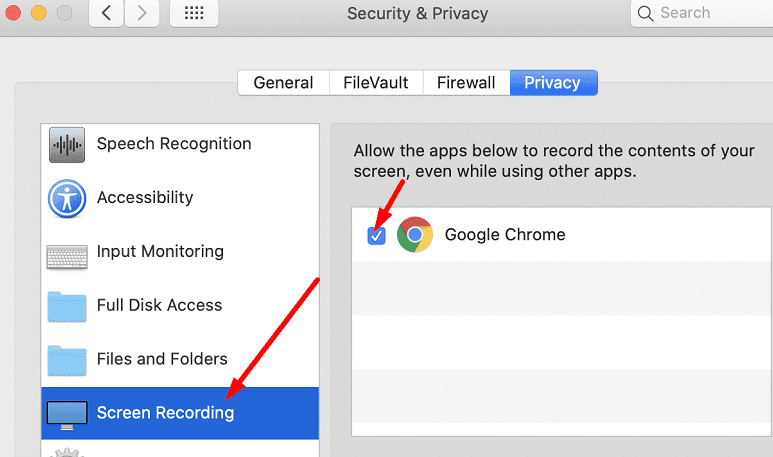 atļaut ekrāna ierakstīšanu google chrome macOS