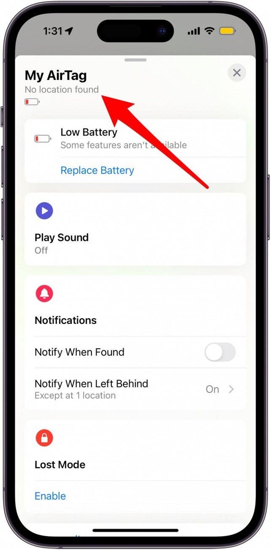 დაბალი ბატარეის მაჩვენებელი AirTag-ისთვის