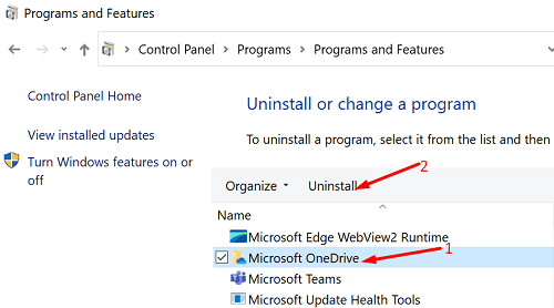 uninstall-onedrive-nadzorna plošča