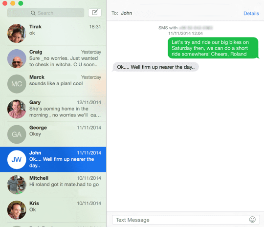 OS X Yosemite – siųskite SMS