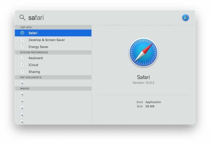 لقطة شاشة من بحث Spotlight عن Safari