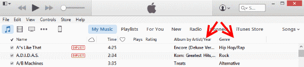 Spalten " iTunes Genre" und " Album"