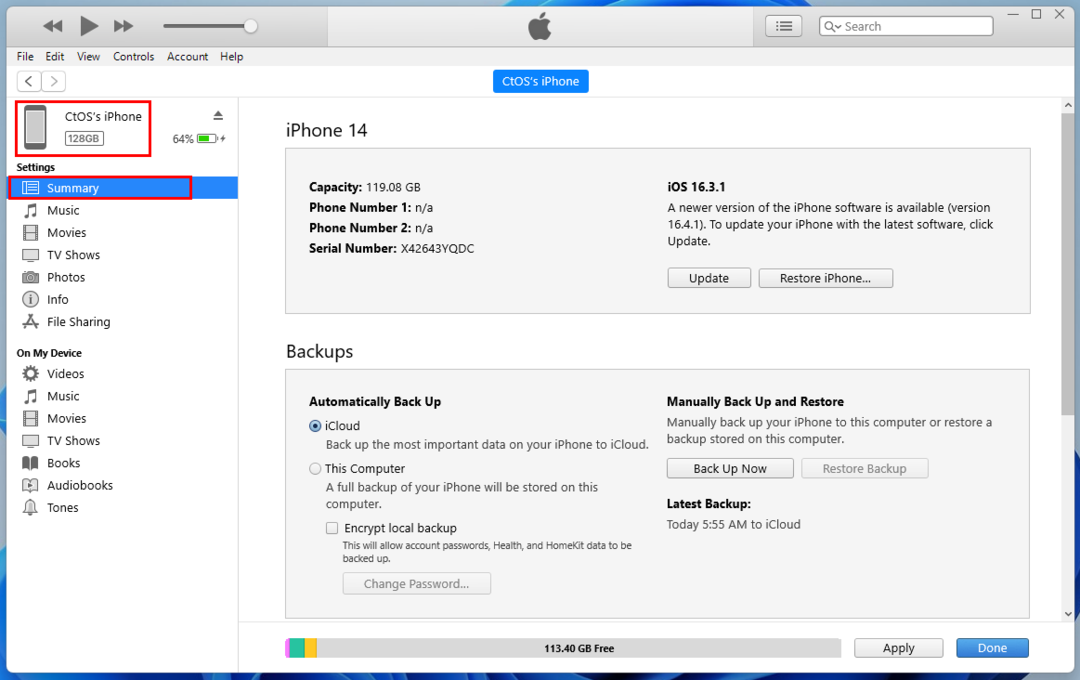Halaman ringkasan iPhone di iTunes untuk Windows 11