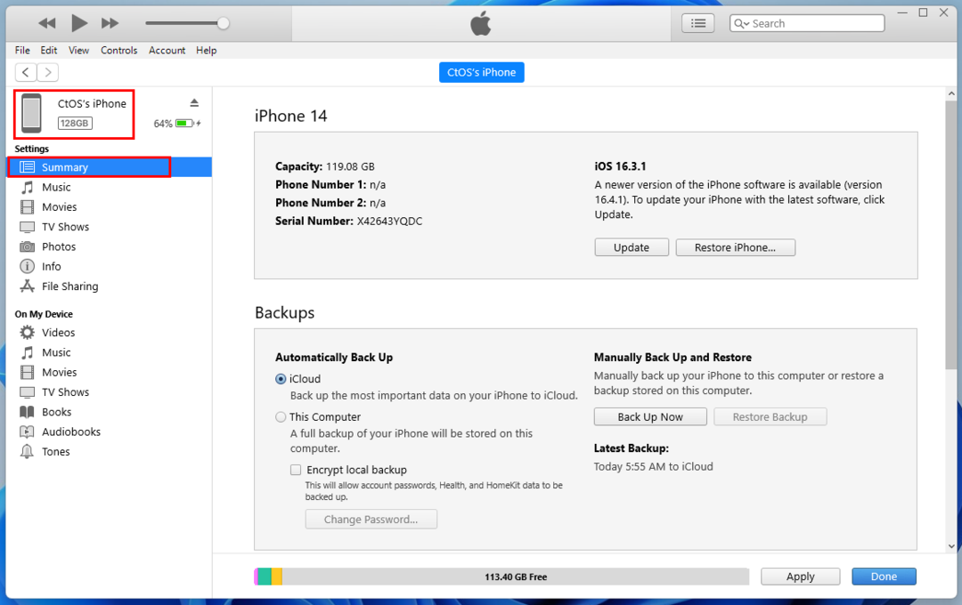 หน้าสรุปของ iPhone บน iTunes สำหรับ Windows 11