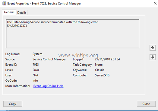Služba Data Sharing Service byla ukončena s chybou %%3239247874 Server 2016
