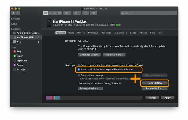Aplikacija macOS Finder in gumb iTunes Backup Now