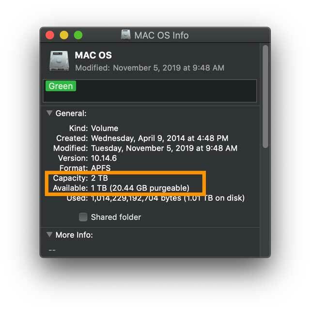 налично място на диска на Mac