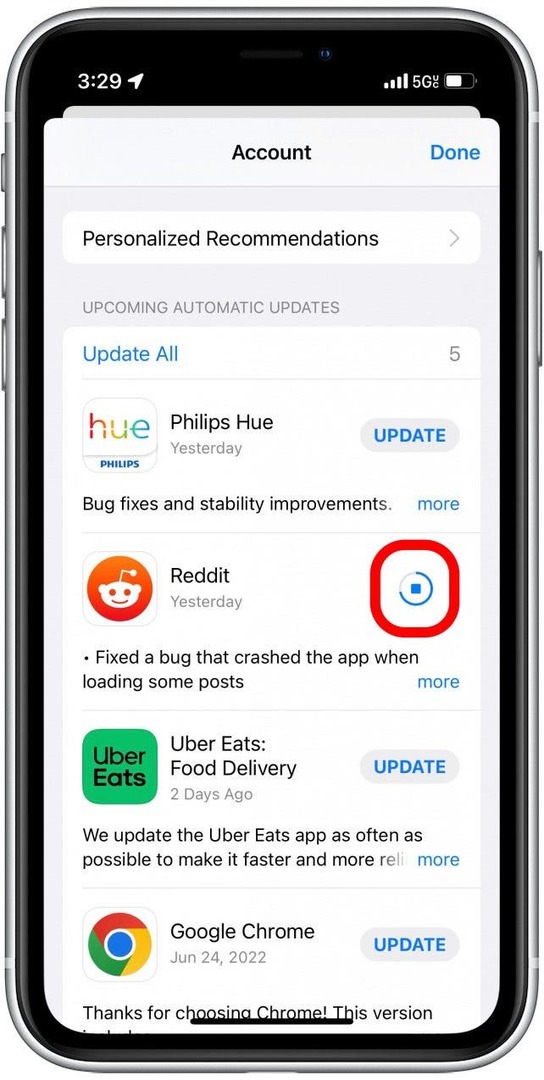 De app begint te updaten. U kunt op het stoppictogram tikken om de update te annuleren.