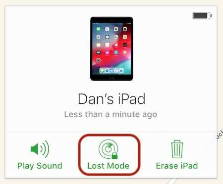 Kaotatud režiimi nupp jaotises Find My iPad või Find My iPod touch.
