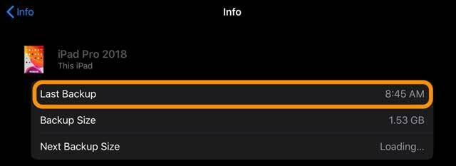 cadangan terakhir di iCloud dengan tanggal dan ukuran