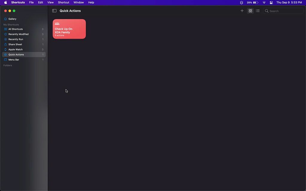 screenshot della sezione Azioni rapide nell'app scorciatoie su macos