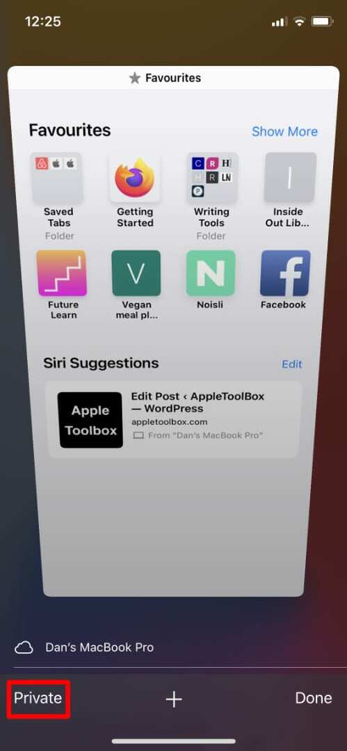Privat knap fra vinduet Faner i Safari på iPhone