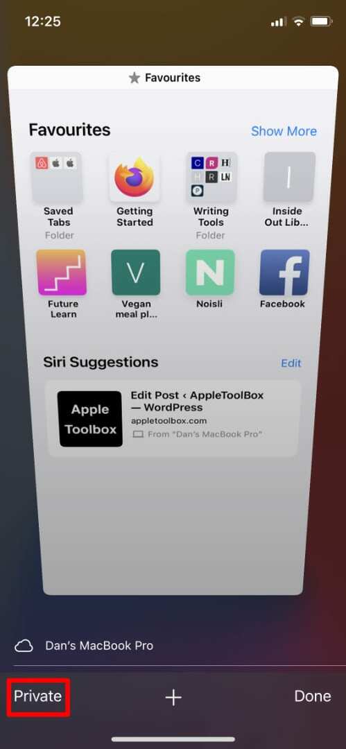 Buton privat din fereastra Tabs din Safari pe iPhone