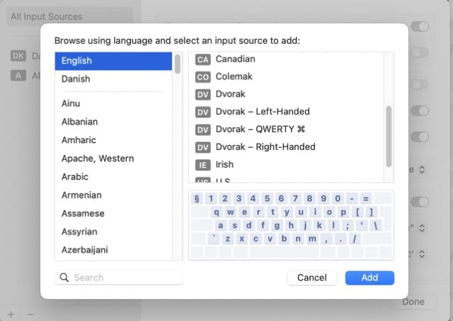 Zoznam zobrazujúci rôzne jazyky klávesnice Mac, ktoré môžete pridať