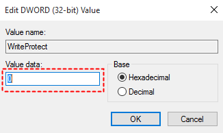 最近作成されたDWORDをダブルクリックし、その値を1から0に設定します