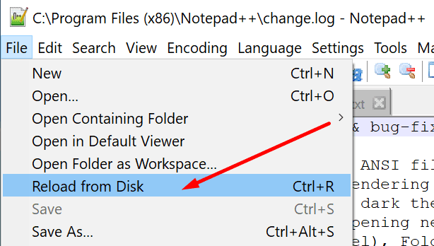 notepad ++ diskten yeniden yükle