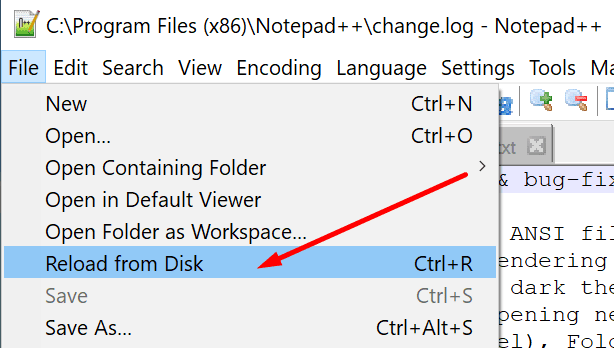 notepad ++ memuat ulang dari disk