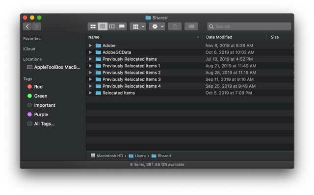 veľa rôznych priečinkov premiestnených položiek v systéme macOS v priečinku zdieľaného používateľa