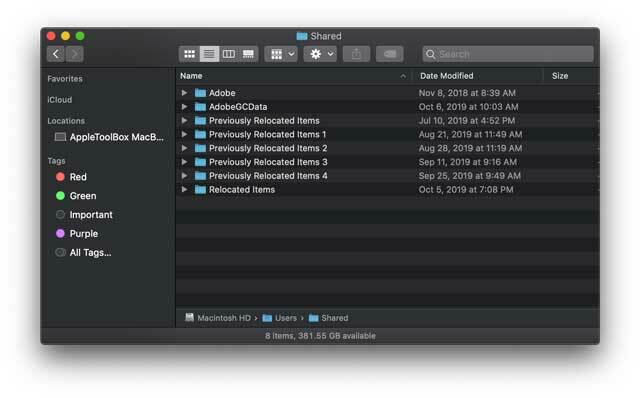 मैन शेयर्ड यूजर फोल्डर में macOS के साथ बहुत सारे अलग-अलग रिलोकेटेड आइटम फोल्डर