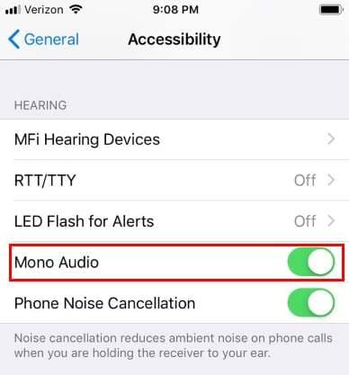 Impostazioni audio mono per iPhone