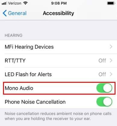 iPhone Mono audio iestatījums