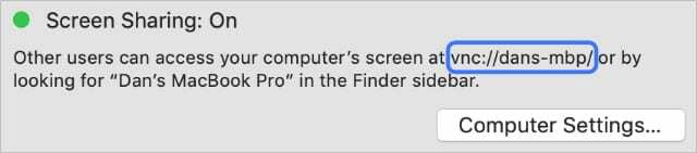 Adresă VNC în preferințele de partajare a ecranului macOS