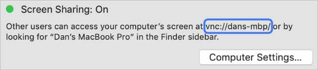 macOS स्क्रीन शेयरिंग प्राथमिकताओं में VNC पता