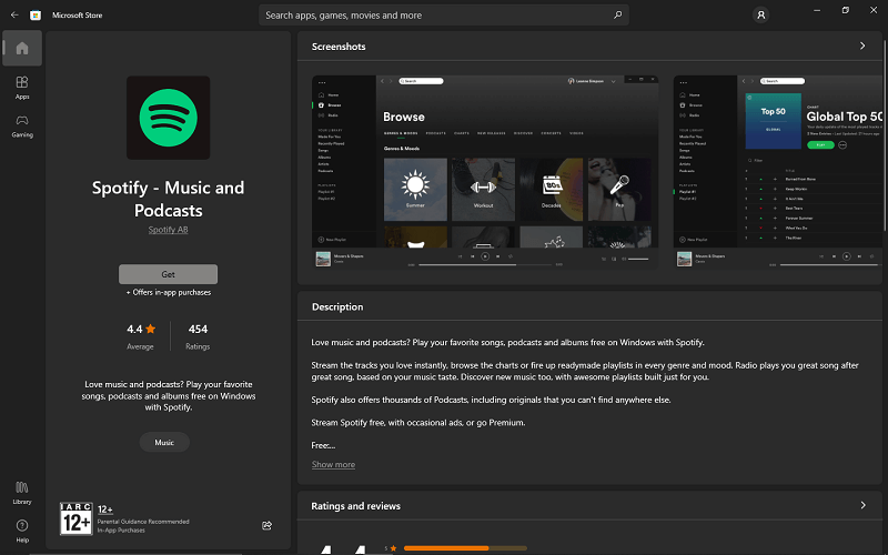 Магазин приложений Microsoft для загрузки и установки Spotify