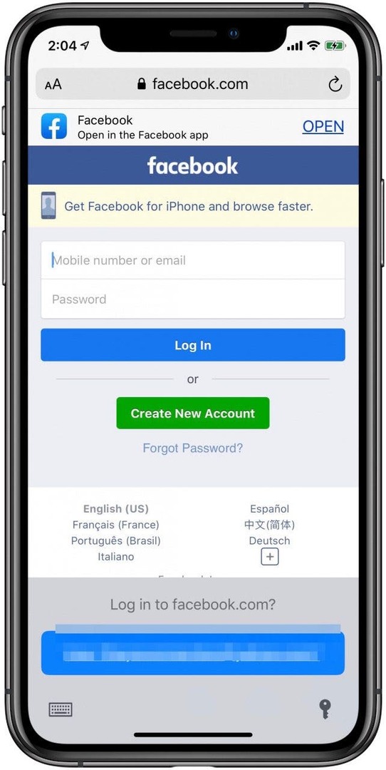 facebook login fra safari