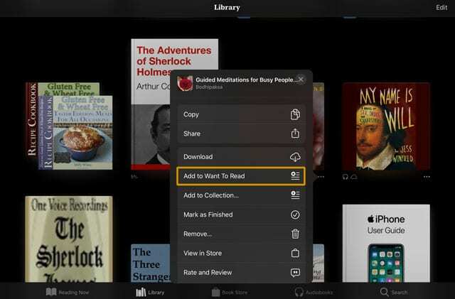 na seznam želja Apple Books želite prebrati dodati lastne ali predhodno kupljene knjige