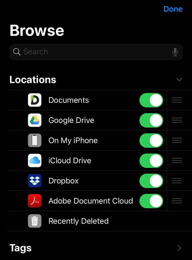 „Files“ programos trečiųjų šalių debesies paslaugos, pvz., „Google“ diskas ir „DropBox“.