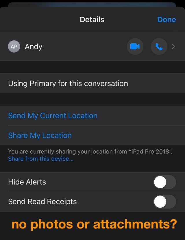 메시지 앱 대화 또는 스레드의 세부 정보에 사진이나 첨부 파일이 없습니다.