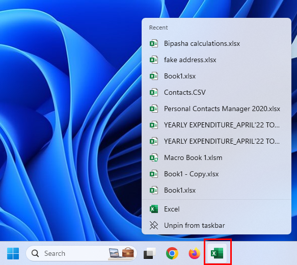 Kliknij prawym przyciskiem myszy aplikację Excel na pasku zadań, aby otworzyć listę szybkiego dostępu ostatnich plików