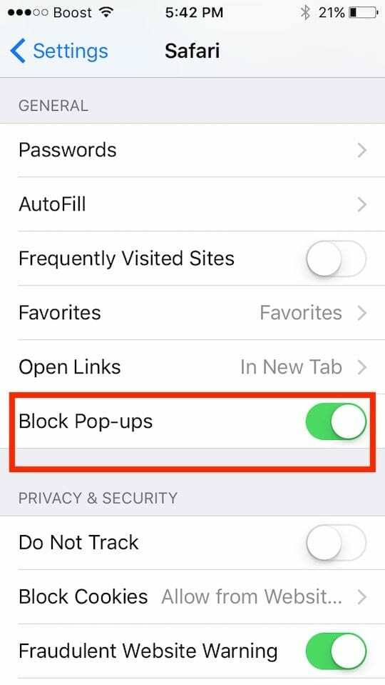 Блокировать всплывающие окна Safari на iPhone