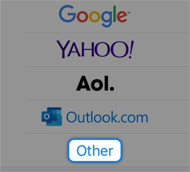 Pridėti naują el. pašto paskyrą Kita parinktis „iPhone“ nustatymuose