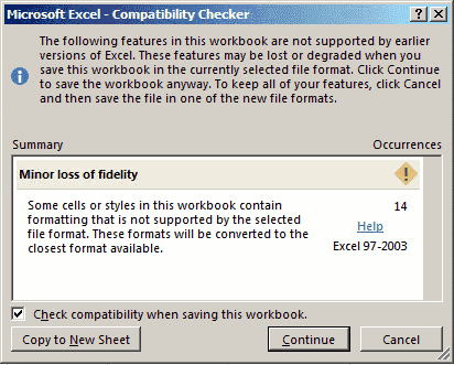 กล่องโต้ตอบตัวตรวจสอบความเข้ากันได้ของ Excel