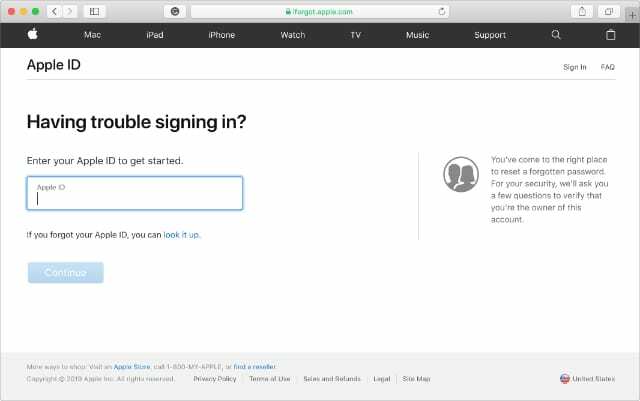 Apple ID 세부 정보 복구를 위한 iForgot 웹 사이트