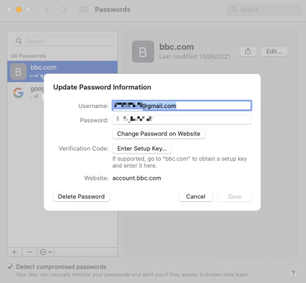 Оновіть інформацію про пароль на певному веб-сайті – macbook
