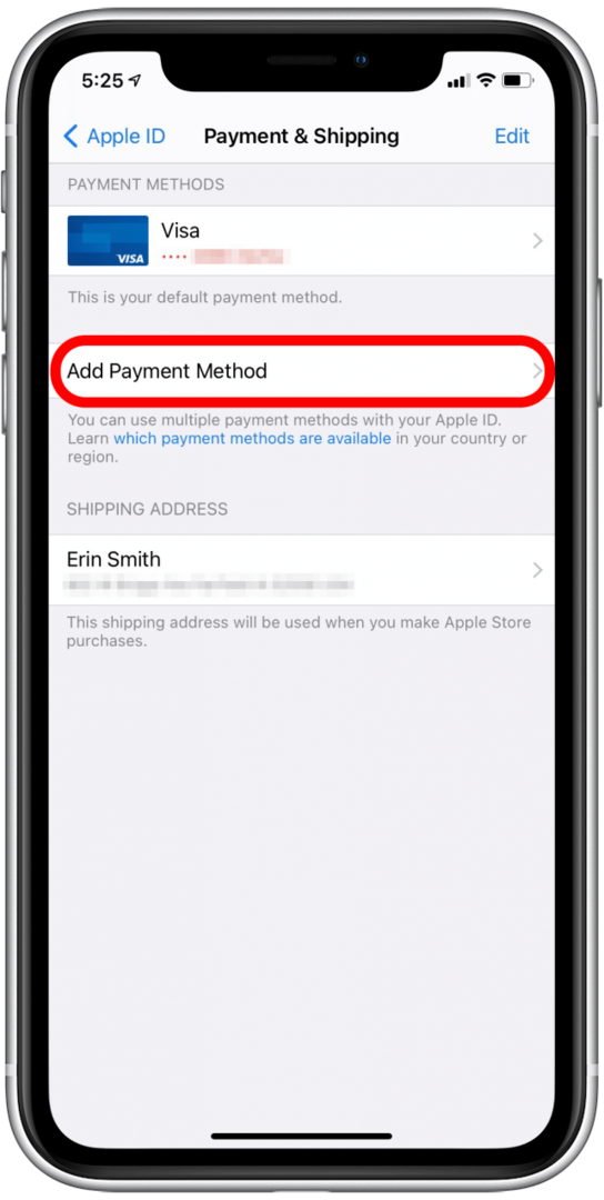 Bakstelėkite Pridėti mokėjimo metodą, kad pridėtumėte naują Apple ID mokėjimo metodą