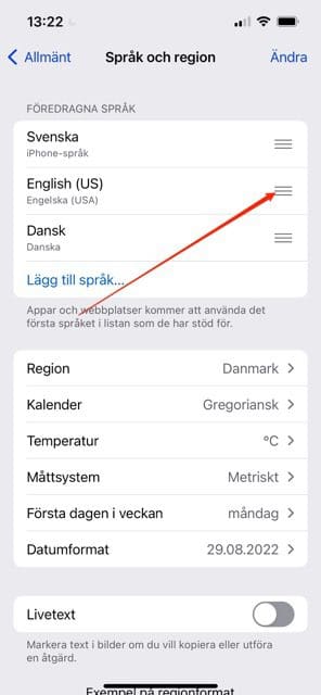 Skjermbilde som viser hvordan du endrer foretrukket språk på iOS